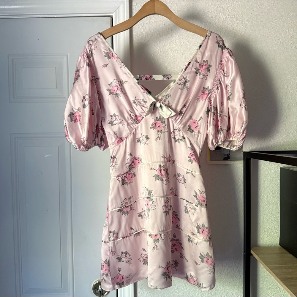 LOVESHACKFANCY pink silk floral bow v-neck back puff short sleeve mini dress